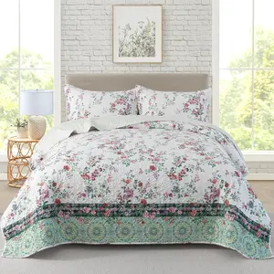 3-Piece Quilt Set Quilted Bedspread Lightweight Coverlet Garden Style Floral Printed Oversized Quilted Bedding Set with Shams for All Season, King Size