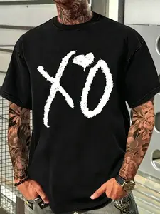 Men's Casual Sporty Short Sleeve Shirt, Xo & Heart Print, Comfortable Round Neck Tee for Outdoor Gym Shopping, Athletic Sports Clothing, Trendy Versatile Men's Clothing