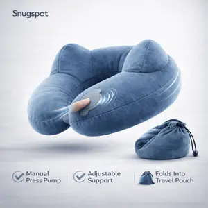 2PCS Adjustable Press-Pump Travel Neck Pillow Set with Carry Pouch, Soft Portable U-Shape Support Cushion