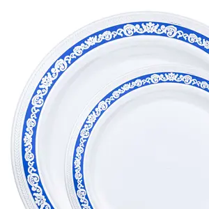 White with Blue and Silver Royal Rim Plastic Dinnerware Value Set