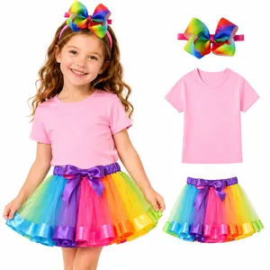 3 Piece Girls Rainbow Tutu Skirt Outfit Set with Bow, Cotton Short Sleeve T-Shirt, Kids Birthday Party Dress Up Clothes, Toddler Princess Costume, Photo Shoot, School Event, Holiday Outfit for Little Girls