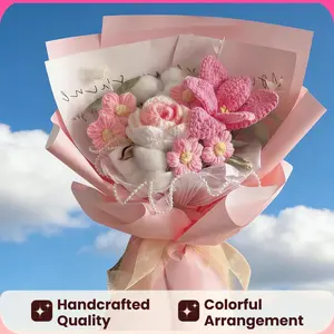 Woven Crochet Bouquet with Greeting Card & Gift Bag Artificial Roses Baby's Breath Eucalyptus Leaves Home Decoration Decorative Flowers Bouquet Rosy Eternal