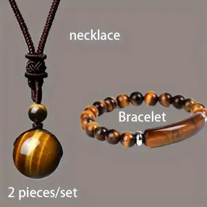 2pcs/set Natural Stone Necklace Bracelet Set Men Women Adjustable Woven Cord Tiger Eye Stone Obsidian Jewelry Set Holiday Gift