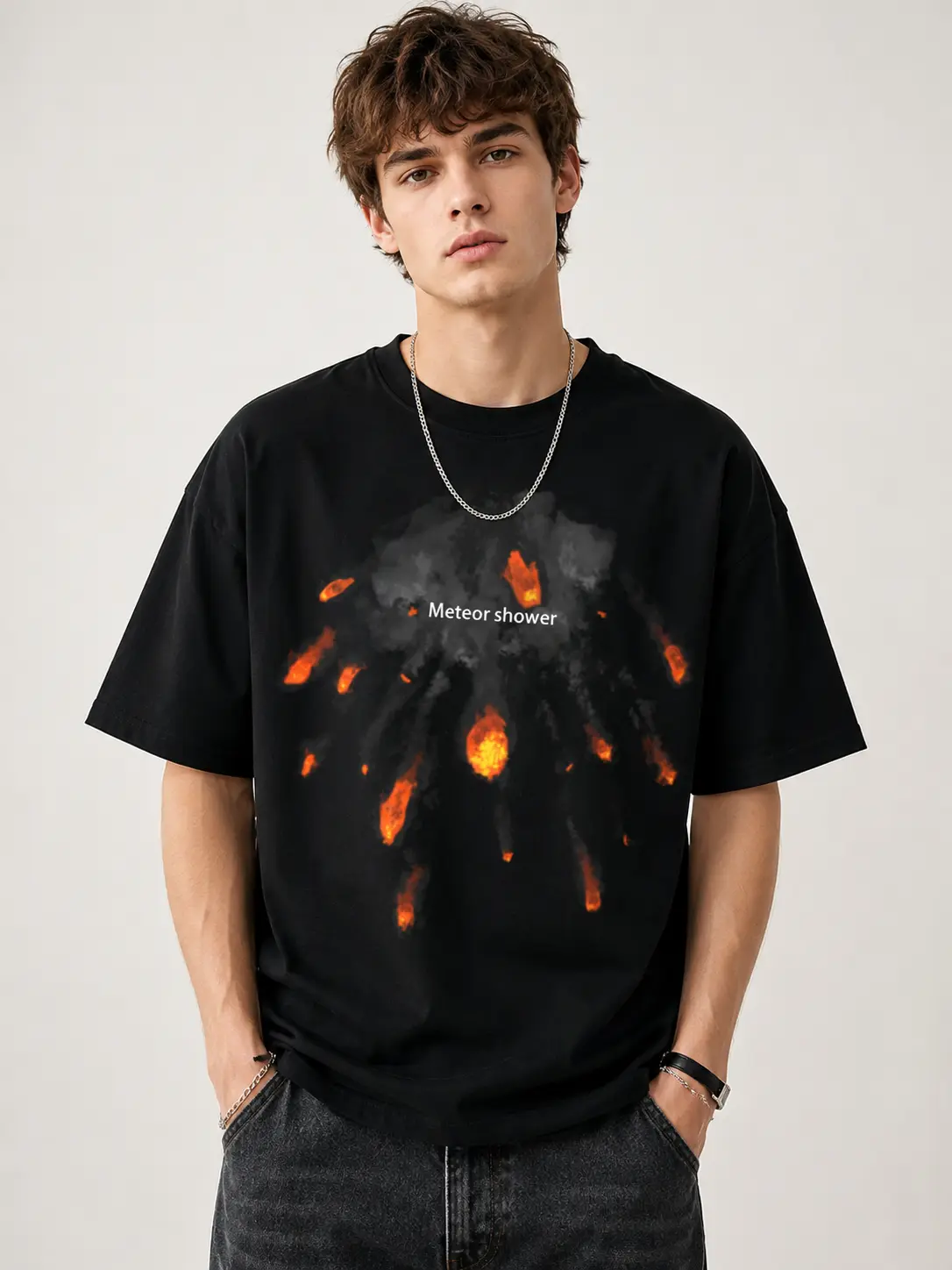 Men's Meteor Shower Graphic T-Shirt, Oversized Black Short Sleeve Crew Neck Tee, Orange Fireball Smoke Print, Casual Streetwear Top