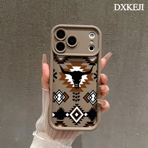 Aztec Western Bull Skull Pattern Phone Case,TPU Soft Silicone,Fully Protected and Shockproof For iPhone 17 16 15 Pro Max 14 13 12 11 Plus Air Stylish Trendy