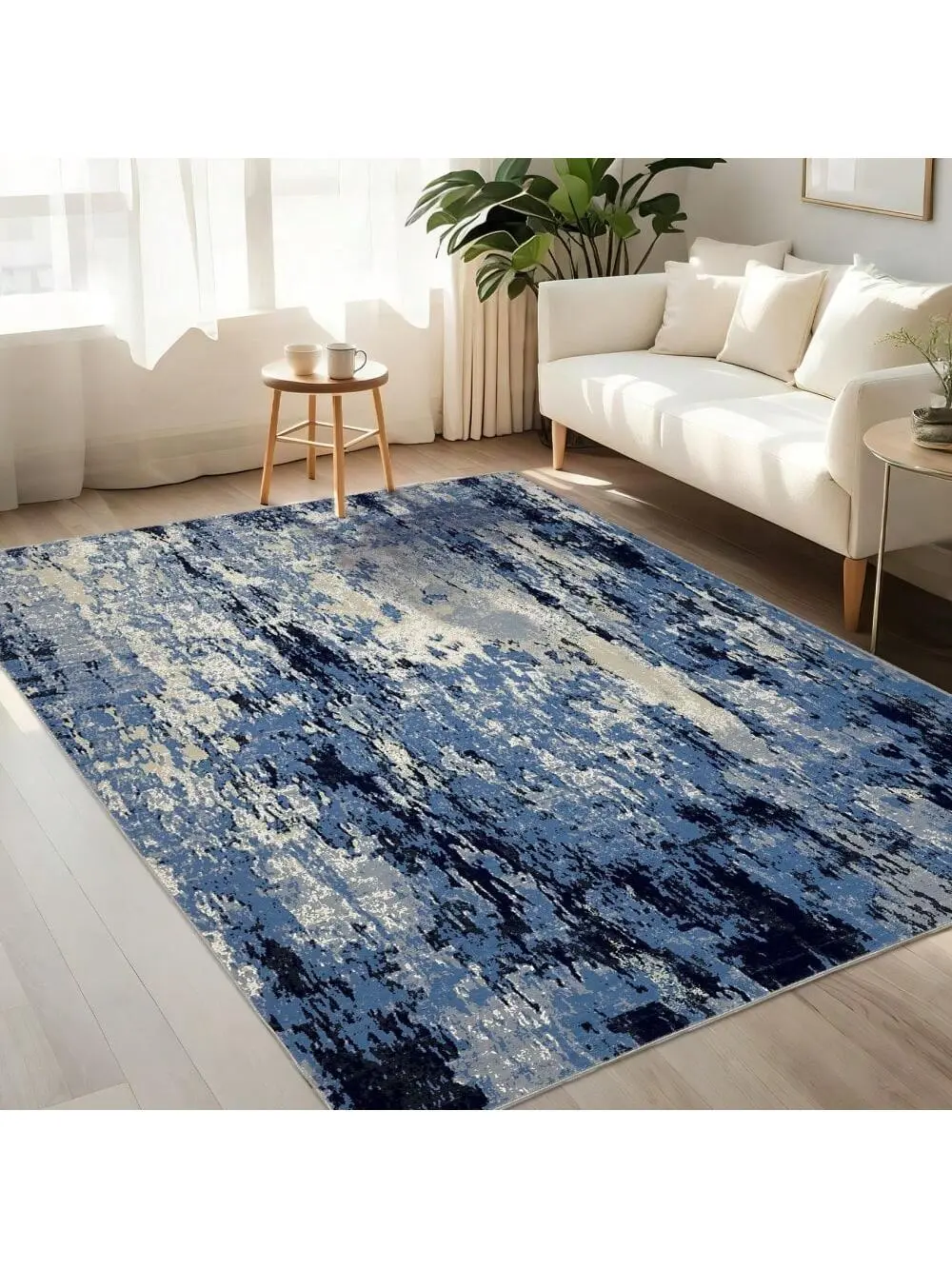 【Christmas Gift】Blue-5*7 feet  Faux Wool Modern Abstract Area Rug Machine Washable Non Slip Non Shedding Stain Resistant Low Pile Ultra Soft&Thin Pet Friendly Perfect For Living Room Bedroom Kitchen Dining Room Laundry Room Bathroom Kids' Room