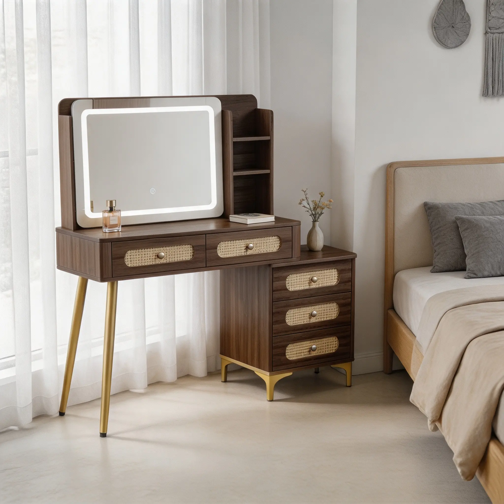 47" Vintage Vanity Desk with LED Mirror & Adjustable Lighting, Makeup Vanity Table with 5 Drawers & Rattan Design, 3 Color Modes, Brown for Bedroom