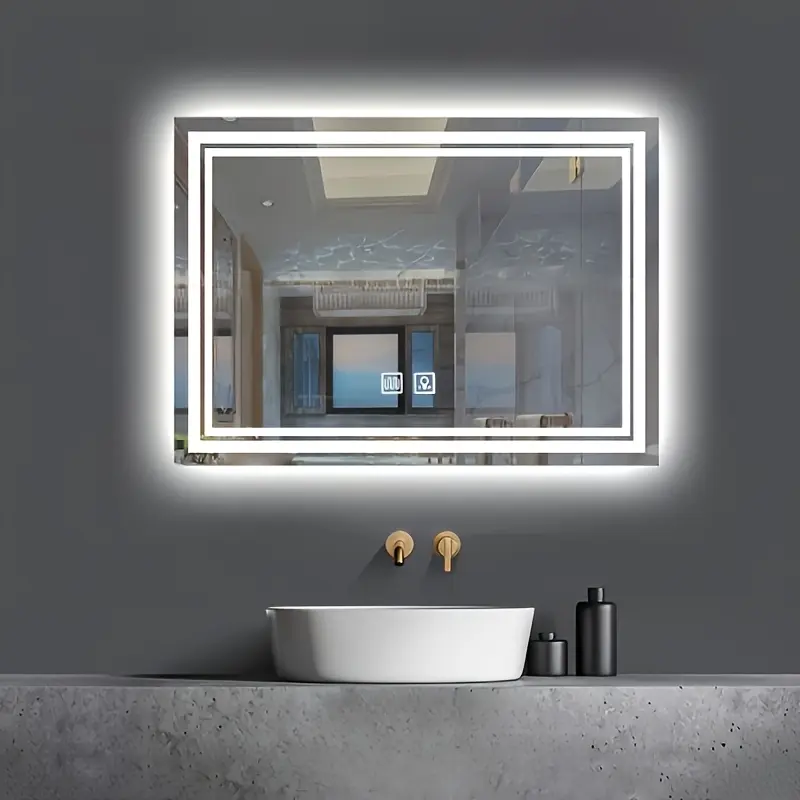 Smart LED horizontal rectangular glass bathroom wall mounted makeup mirror -23.62x15.75 inches, dual touch buttons, long press brightness adjustment, defogging function,  home decoration accessories anti-fog modern light source vanity antifog