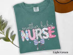 Mother Baby Nurse Shirt Comfort Colors, MBU Postpartum Nurse Gift, Cute Stethoscope Bow Graphic Tee, Labor and Delivery Nursing Student Tshirt, Unisex Heavyweight Cotton Maternity Nurse Top