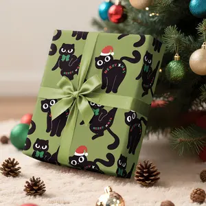 Christmas Wrapping Paper Green Background with Santa Hat & Bow Black Cat Design - Suitable for Gift Wrapping, Holiday Decorations, Party Atmosphere Creation, and Themed Events - 43cm x 500m (17in x 16.4ft), Christmas Wrapping Accessories, Vintage Christ