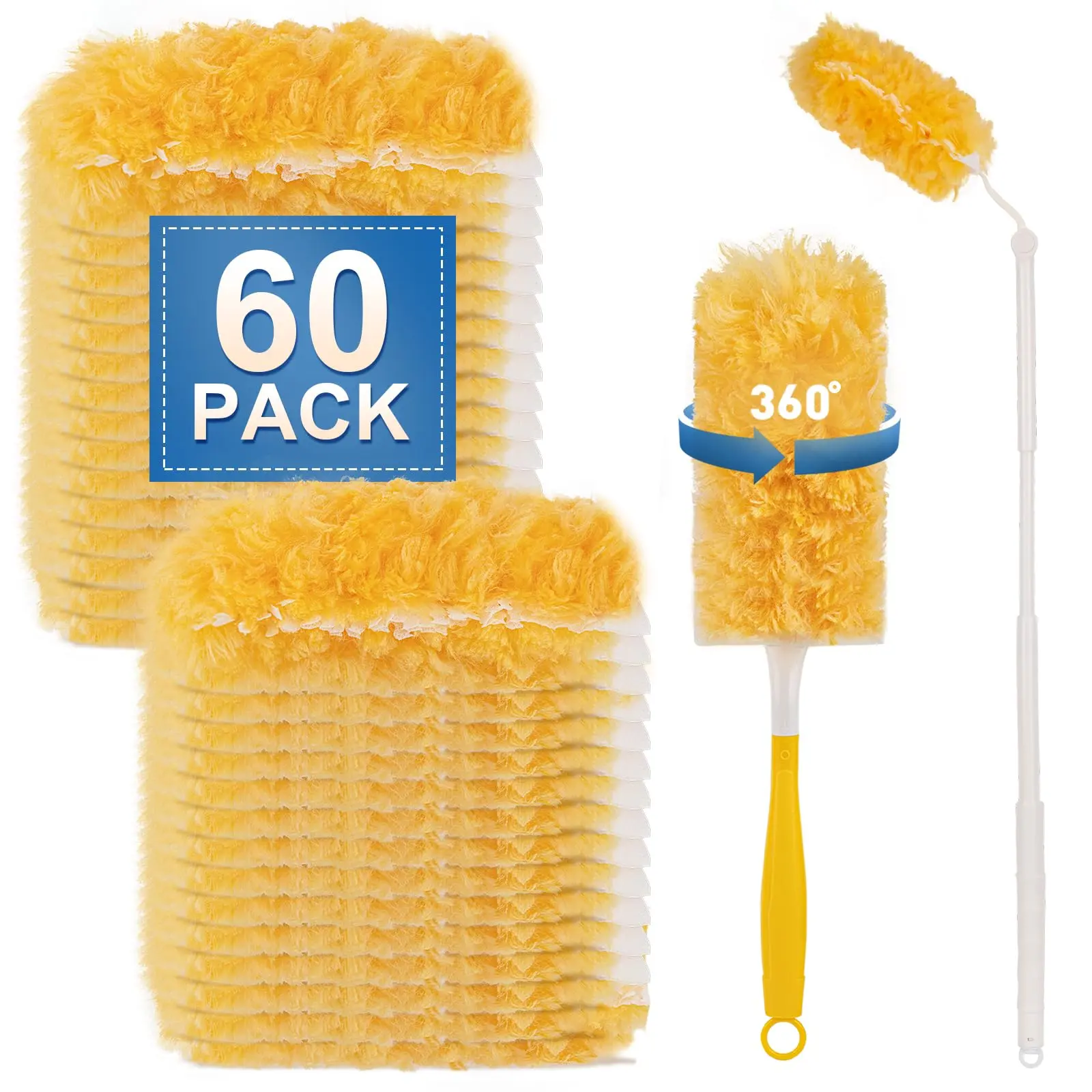 Heavy Duty Duster Refills, Disposable Dusters Kit for Cleaning Dusting Furniture Blind Ceiling Fan, Multi Surface 360 Feather Duster(60)+3FT Extended Handle +1 Handle