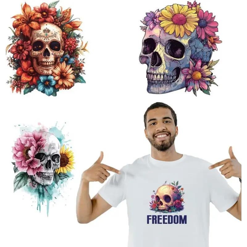 4 Pcs Skull Theme Iron on Decals Patches, Halloween Horror Skeleton with Flowers Heat Transfer Stickers Plastic Washable Patches for DIY Clothes Decor, 7.87inch(20cm) Long