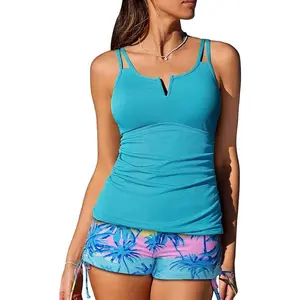 (Suggestion Shoot One/Two Size Larger)Women 2 Pieces Tankini Swimsuits Solid Color Padded Sleeveless Tank Tops and Floral Print Shorts Bottoms Beach Bikini Set