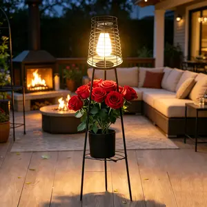Solar Metal Flower Stand Garden Light, Outdoor Plant Rack Lantern with Warm White Glow for Patio Yard Porch Pathway Decor