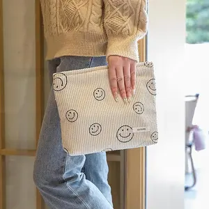Makeup Bag For Women - Corduroy Cosmetic Bags Aesthetic Design Ladies Tote Bag,Women's Pencil Case,Cute Smiley Face Makeup Organizer with Zipper (Beige)
