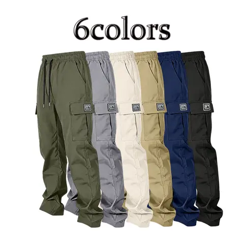 Men’s solid color tactical cargo pants — durable outdoor training pants with sport pockets; suitable for all seasons; casual streetwear pants.