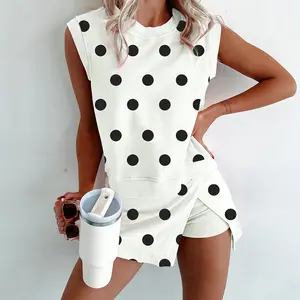 MULLVEIG Women's Polka Dot Ribbed Trim Sleeveless Tank Top & Split Mini Skort 2 Piece Outfit Set Casual Cute Loungewear for Spring Summer