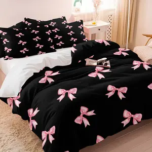 2/3Pcs Coquette Y2K Sweet Pink Bow Print Duvet Cover Set, No Filler, Black Background Girly Bow Comforter Cover, Soft Microfiber Bedding Set with Pillowcases, For Teen Girls Bedroom & College Dorm Room Decor