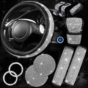 11 PCS Bling Diamond Car Accessories for Women, Sparkly Rhinestone Steering Wheel Cover, Bling Seat Belt Cushion, Glitter Shift Knob Cover, Car Cup Holder Coaster, Cute Interior Sets Silver