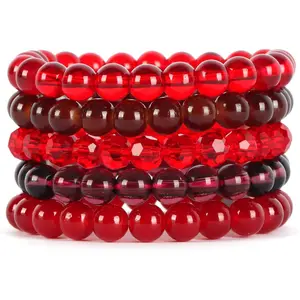 5Pcs 8mm Beaded Stretch Bracelet Handmade Glass Bracelet for Women Mens Multicolor Round Beads Bracelet Elastic Bead Bracelets Jewelry