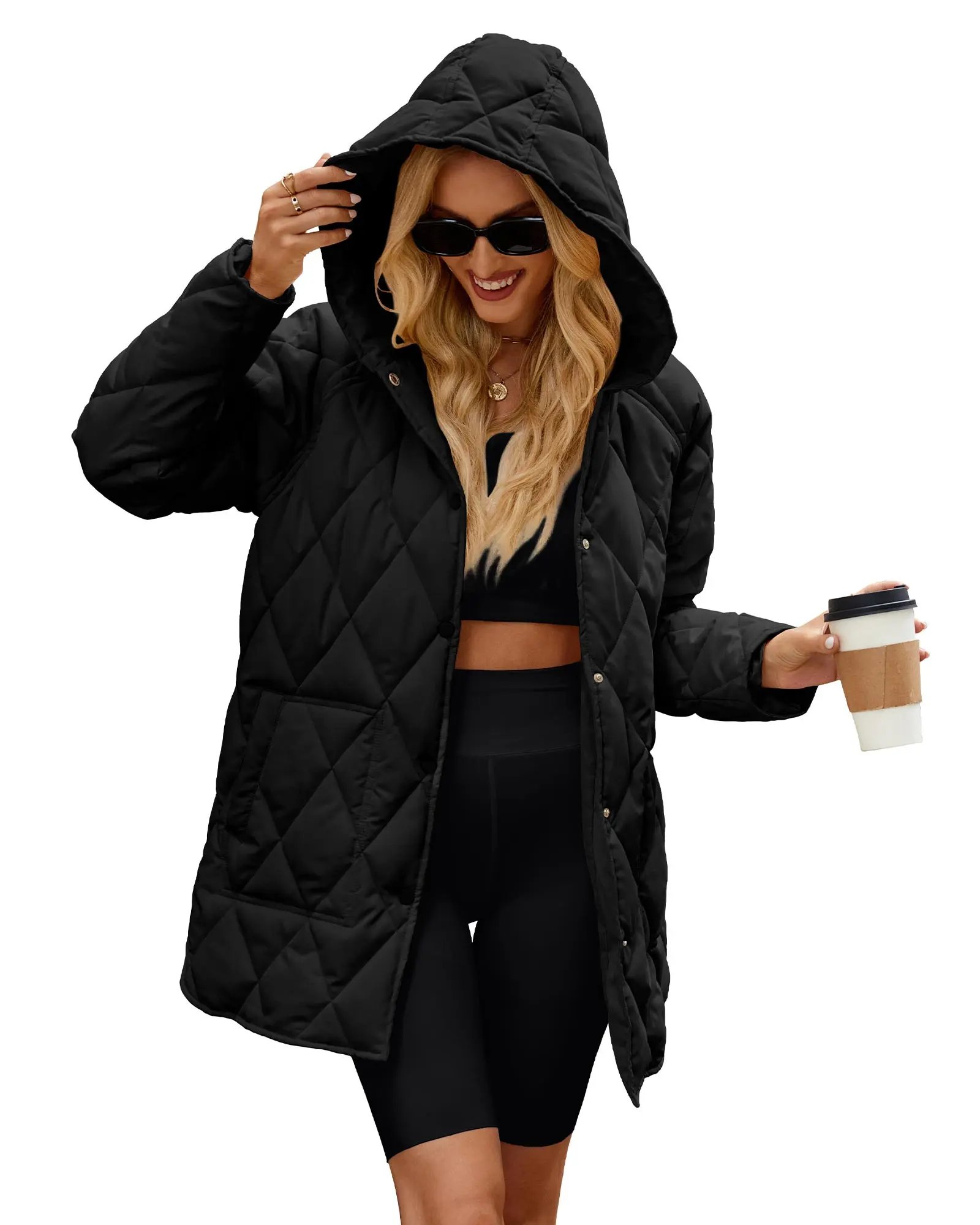 Polu Women's Casual Plaid Quilted Down Coat, Long Sleeve Loose Fit Winter Outerwear with Zip-Up and Pockets, Coats