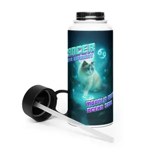 CosmiCats: ZodiCats Cancer Water Element Stainless steel thermos with a straw lid