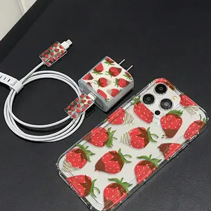 5 Piece Set Strawberry Phone Case, Charger Protector, Cable Organizer, Anti-Drop Tpu Cover for iPhone Models, Perfect Gift for Women & Teens