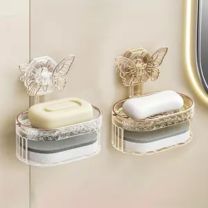 Butterfly Design Suction Cup Soap Dish, Wall Mounted No-Drill Soap Holder, Self-Draining Bathroom Soap Box, High-End S,(Free sponge included)pace-Saving Waterproof Storage for Bathroom Shower Sink