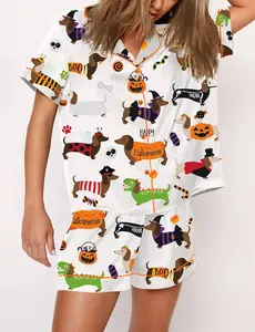 Dog Halloween Print Pajama Set, Casual Comfy Short Sleeves, Loungewear Nightwear Pajamas