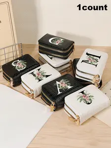 Fashion Letter & Floral Pattern Card Holder, Stylish Crocodile Textured Short Wallet with Double-layer Zipper, Simple Casual Multi Card Holder for Outdoor Activities, Travel, and School, Fashionable Card Holder