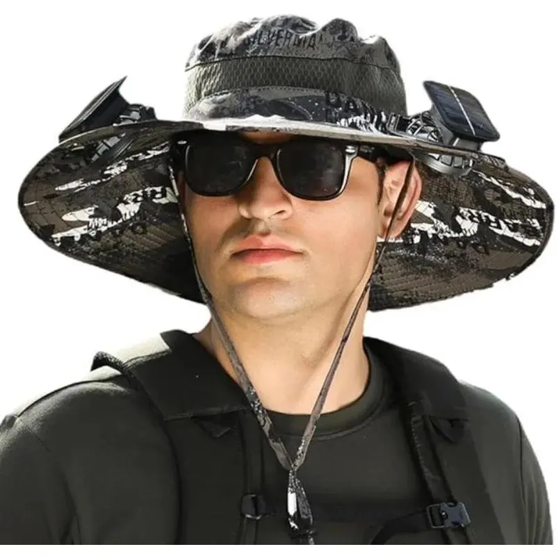 FUNYH Wide Brim Solar Fan Hat UPF 50+ Sun Protection with Dual Power (Solar USB) Adjustable Outdoor Beach Fishing Hat for Men Women