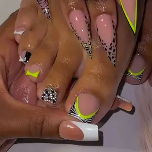 48 Long Nail Tips Set, Y2K Style Neon Leopard Zebra Design, Reusable Glossy Nails with Glue & File, Perfect for Night Out Beach Vacation, Nail Tips Art