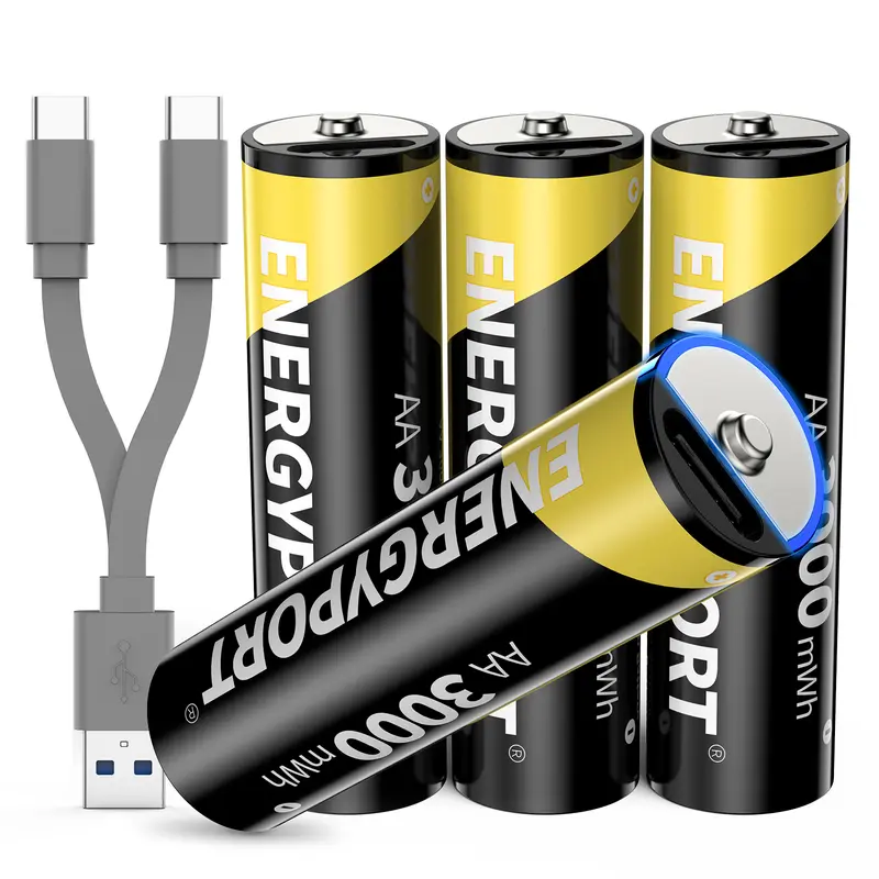 ENERGYPORT 4-Pack Rechargeable 1.5V 3000mWh AA Lithium-Ion Batteries, USB-C Cable, Fast Charging, High Capacity, 1600 Cycles Constant Output, Over-Charge Protection, USB-Powered for Universal Electronics Gadgets