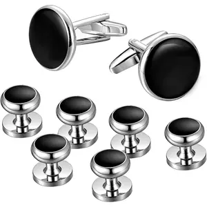 Mens Cufflinks and Studs Set Tuxedo Shirts Clic Black&Sier Match for Business Wedding Formal Suit