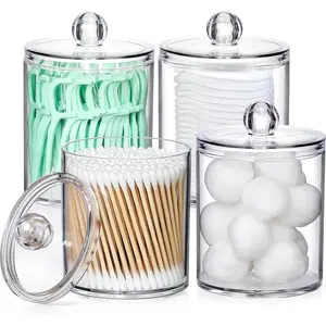 4 Pack Acrylic Qtip Holder Dispenser for Cotton Swabs, Balls, Pads, Floss Picks- Small Clear Plastic Canister Apothecary Jar Set, Bathroom Essentials Accessories Decor, Vanity Makeup Storage Organizer