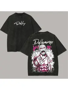 One Piece Donquixote Doflamingo Printed Men's and Women's Washed T-shirt, Summer Men's and Women's Fashion Trend, Loose Large High-quality Top, Comfortable and Breathable Round Neck Pullover, Short Sleeved Y2K Street