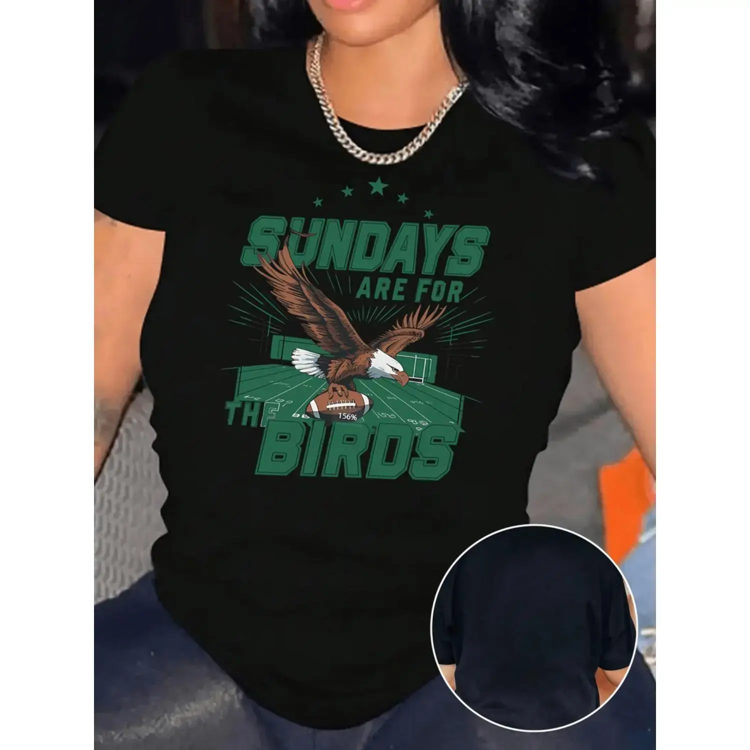 Women's Fashion Eagle & Football Graphic Tee - Casual Short Sleeve, Breathable Polyester Blend, Machine Washable Round Neck Black.
