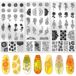 3Pcs Nail Stamping Plate Set Sunflower Floral Leaves French Line Tip Nail Stamping Templates DIY Reusable Stainless Steel Manicure Tools with Stamper Scraper