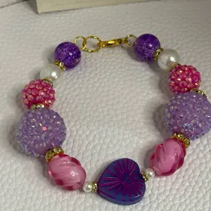 Handmade Purple Heart charm with pink and  purple bead bracelet