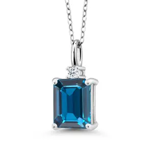 925 Sterling Silver London Blue Topaz and White Topaz Pendant Necklace For Women | 2.75 Cttw | Gemstone November Birthstone | Emerald Cut 9X7MM | With 18 Inch Silver Chain
