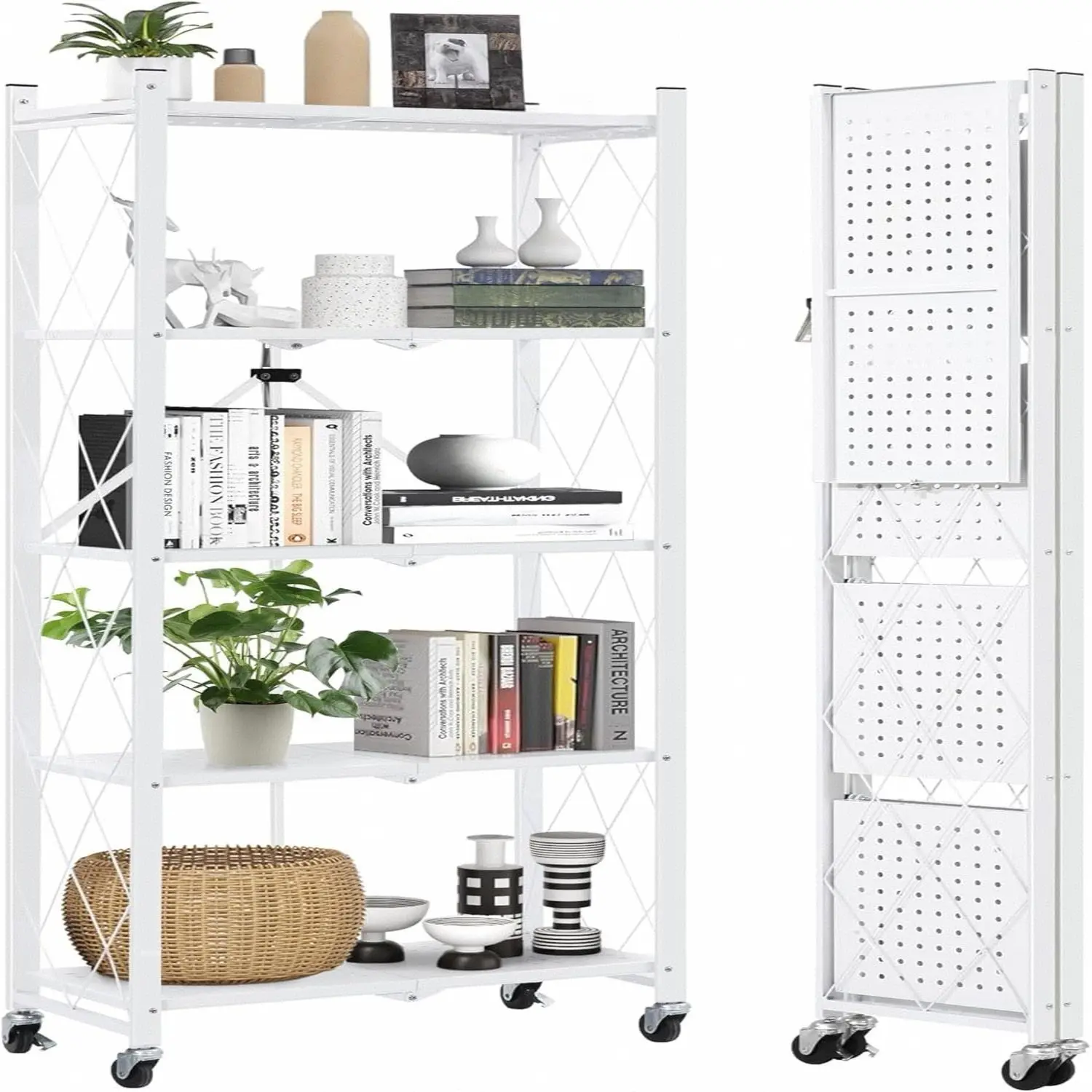 5 Tier Metal Foldable Storage Shelf Rack - Collapsible Shelving Display,Lightweight & Waterproof,Space-Saving,Durable,Modern Shoe Organizer,Versatile for Kitchen & Pantry Use,White