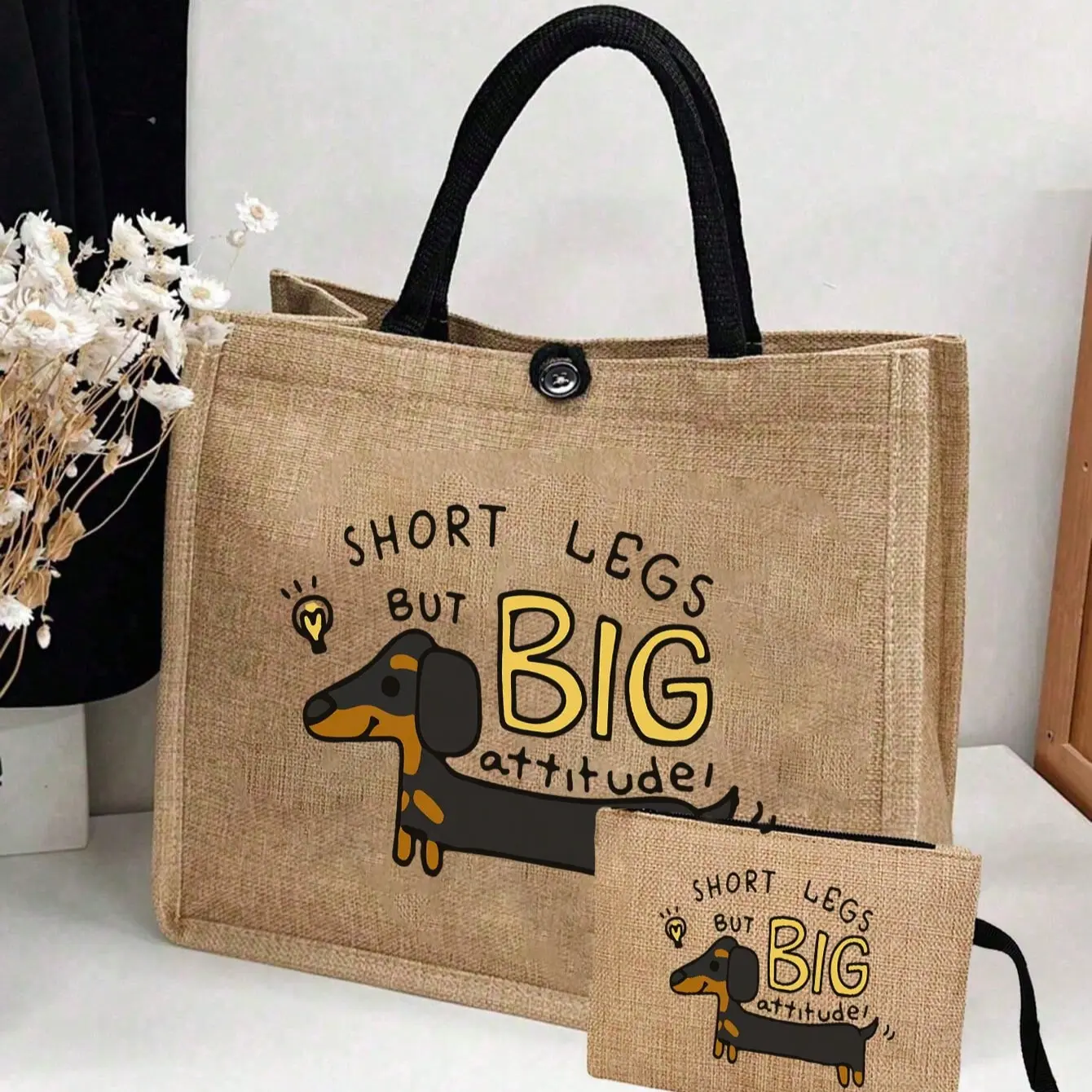 Dachshund-decorated shoulder bag and matching small bag, dachshund-print linen tote bag, school bag, suitable for graduates and teenagers, for outdoor activities, travel and back to school, Lunch Tote Bag, Animal Tote Bag, Patterned Bag