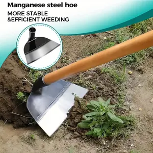 Heavy-duty carbon steel garden hoe with handle, suitable for weeding and turf removal - durable manual tool.