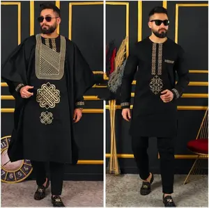 African Men's Clothing Cotton Embroidery Agbada Shirt Pants Matching Set 3 Piece Outfit Stylish Formal Traditional Wedding Attire Groom Groomsmen Guest Nigerian Party Birthday Anniversary Prom Graduation