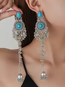Indian Jhumka Earrings for Women, Silver Tone Long Tassel Dangle Earrings, Rhinestone Boho Statement Earrings for Wedding Party Festival
