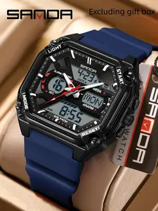 Men's Sanda Multi-Functional Waterproof Glow-In-The-Dark Electronic Watch, Countdown Function, Versatile & Stylish, Textured Square Design, Fashionable Digital Watch