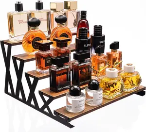 5-Tier Wooden Display Riser Stand 13.8 Inch Metal Step Perfume Organizer Tabletop Shelf Rack for Cologne Cosmetics Candles (Brown)
