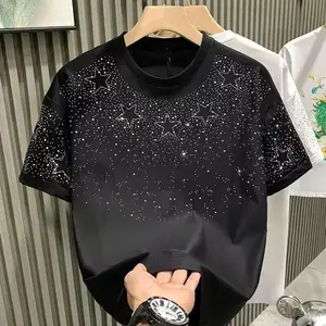 Summer Rhinestone Rivet T-shirt for Men Clothing Round Neck Casual T-shirt Fashion High Street 2025 Men's  Top Tshirt