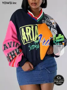 Fashion patchwork color contrast letter print loose casual V-neck hoodie