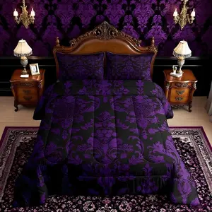 Purple Black Vintage Damask Floral Comforter Set Gothic Bohemia Floral Bedding Set for Boys Girls Bedroom Bed Decor Oriental Antique Comforter Luxury Flower Bed Set for All Season
